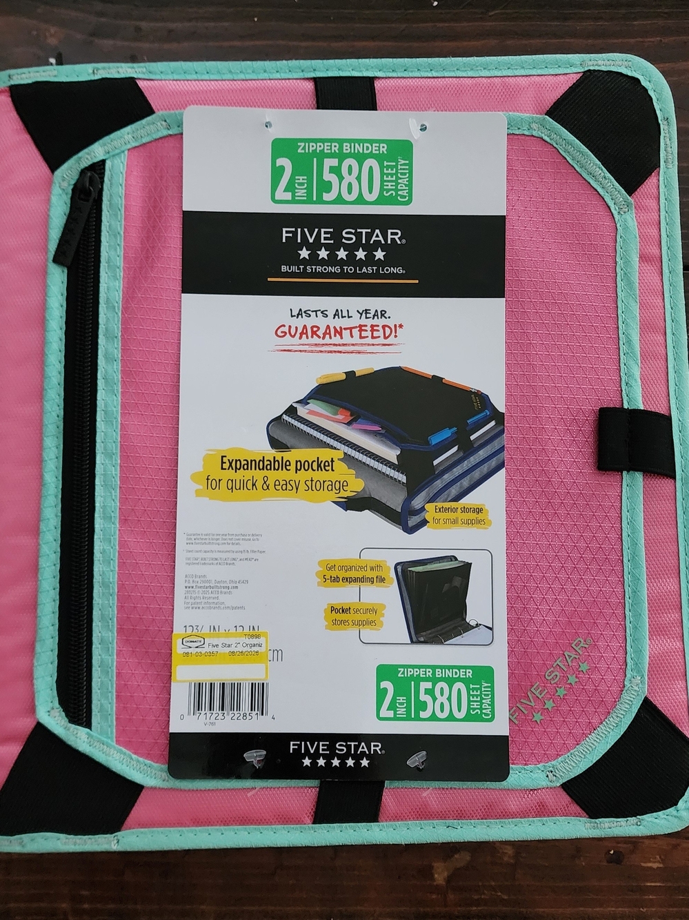 Five Star Pink Zipper Binder with Mint Trim NWT